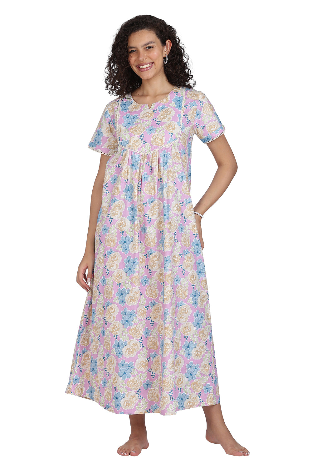 Naidu Hall Printed Cotton Nighty for Women – Full Length Flared A-Line Sleepwear with Lace Yoke & Pocket | Comfortable Daily Wear Nighty
 - N131