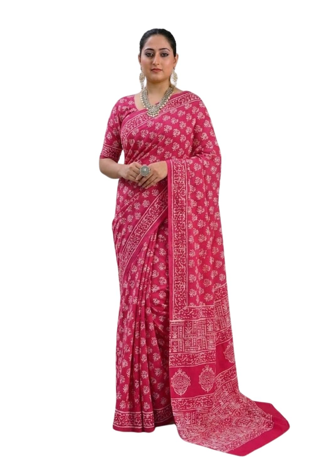Naidu Hall Women's Coral Pink Jaipur Print Cotton Blend Saree with Blouse | Lightweight Ethnic Wear Saree - WS07