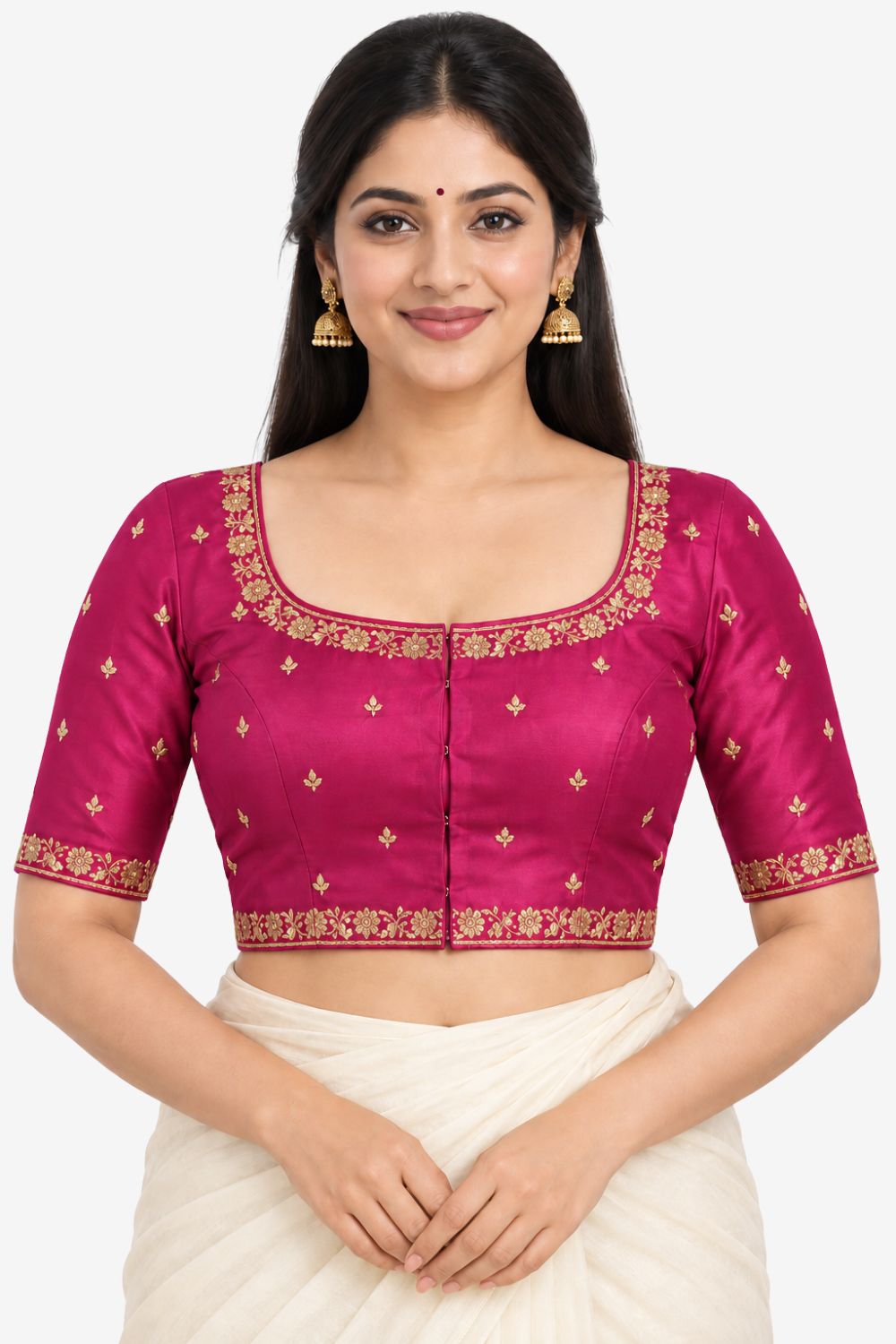 Women's Embroidery Silk Blend Saree Blouse with Round Neck Neckline and Elbow Sleeve - Regular | Ready-to-Wear Saree Blouse for Daily Wear, Festive Wear, Office Wear, Special Occasions - L566