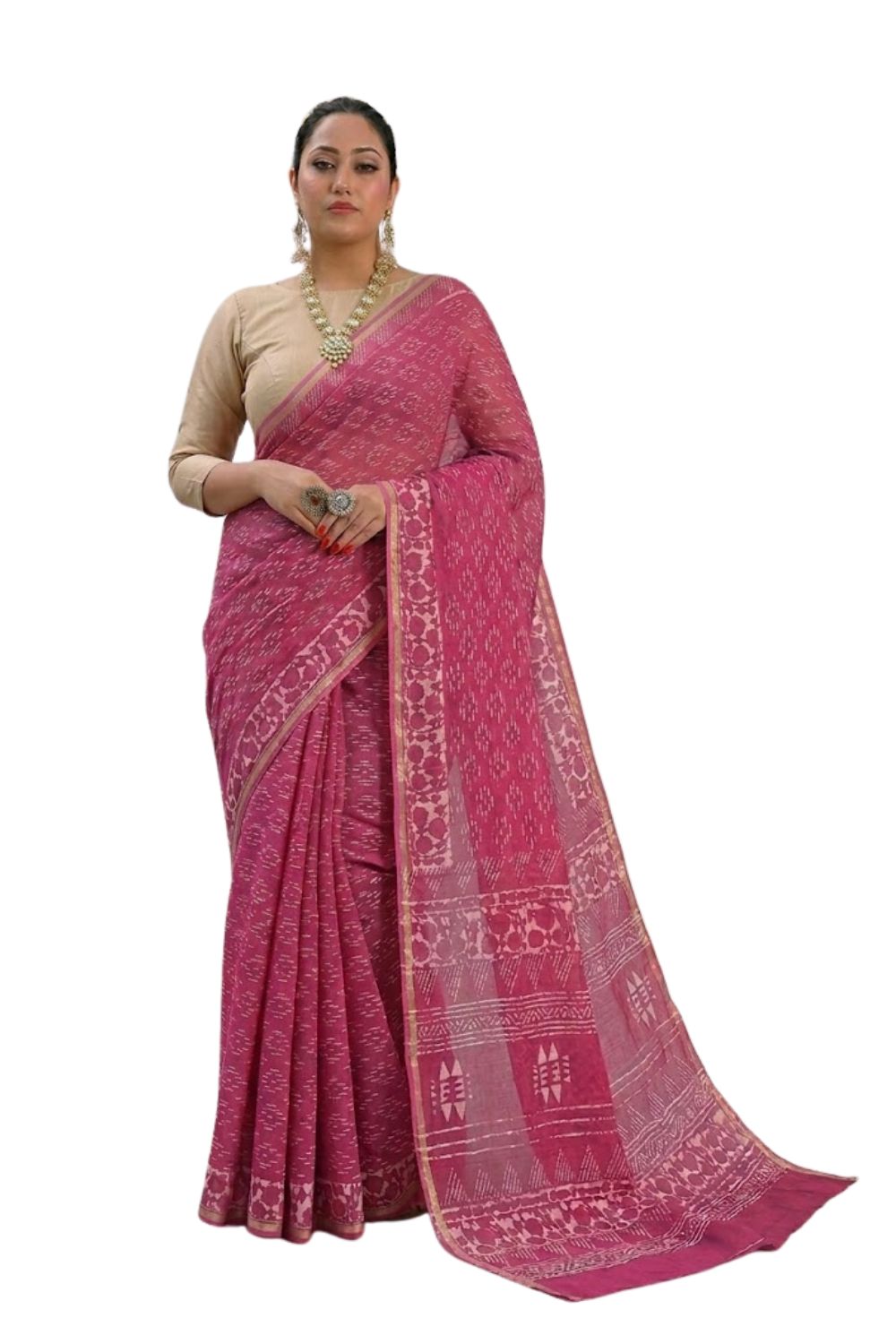 Naidu Hall Women's Pink Chanderi Print Cotton Blend Saree with Blouse | Lightweight Ethnic Wear Saree - WS09