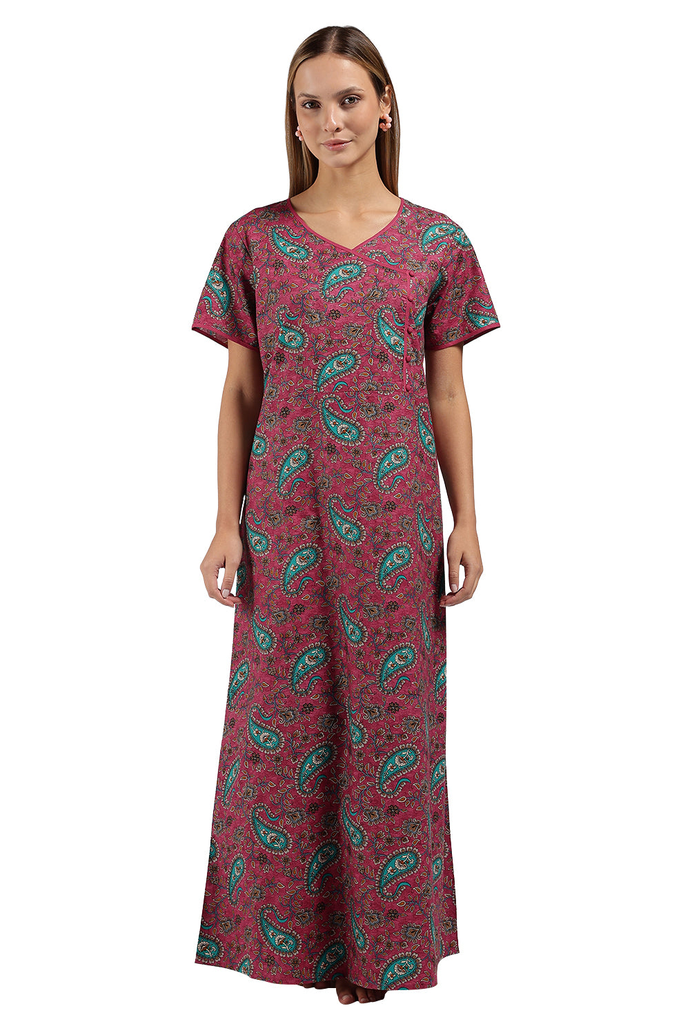 Naidu Hall Printed Cotton Nighty for Women – A-Line Relaxed Fit Sleepwear with V-Neck & Asymmetric Panel | Comfortable Daily Wear Nighty
 - N121