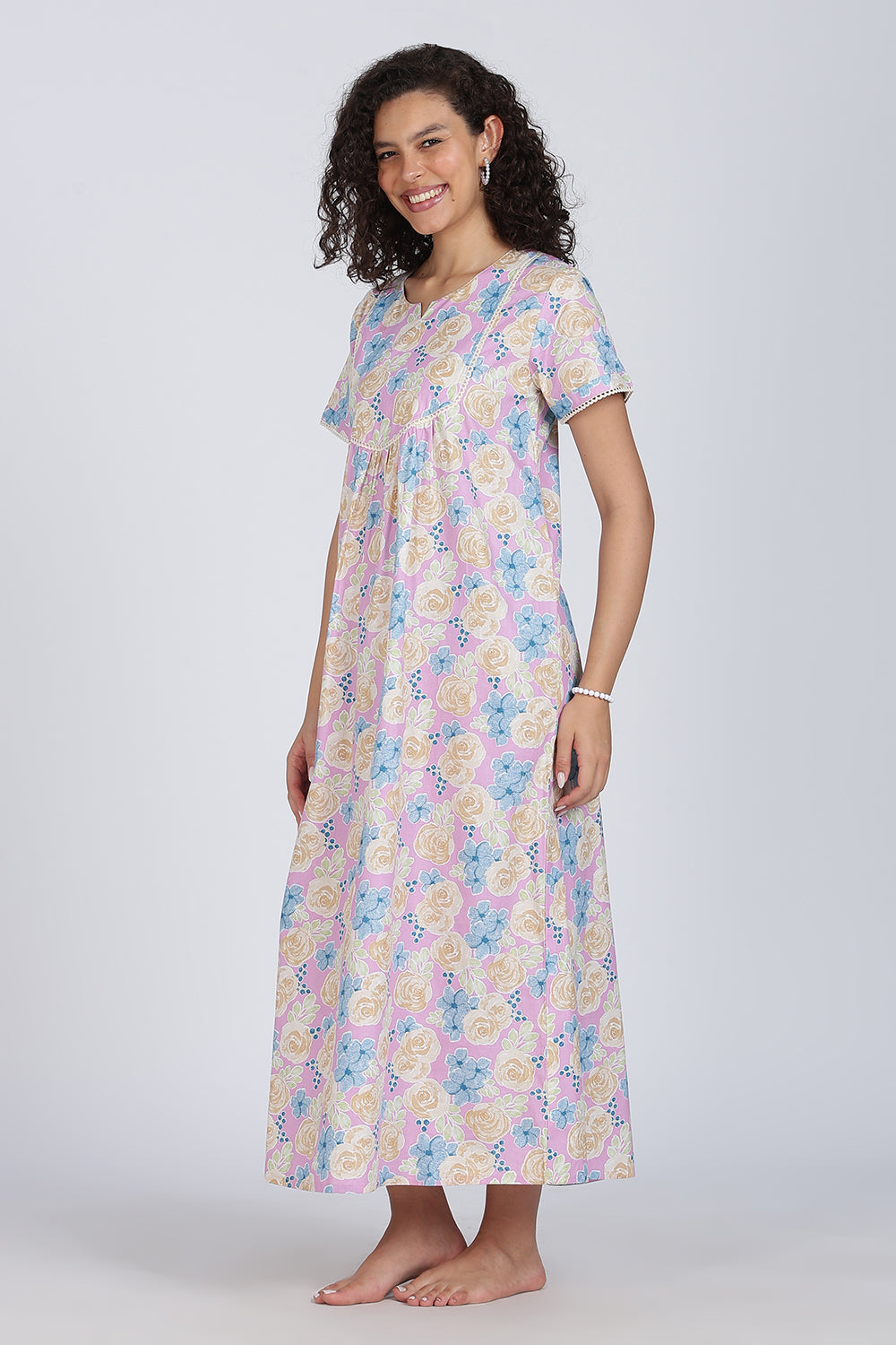 Naidu Hall Printed Cotton Nighty for Women – Full Length Flared A-Line Sleepwear with Lace Yoke & Pocket | Comfortable Daily Wear Nighty
 - N131