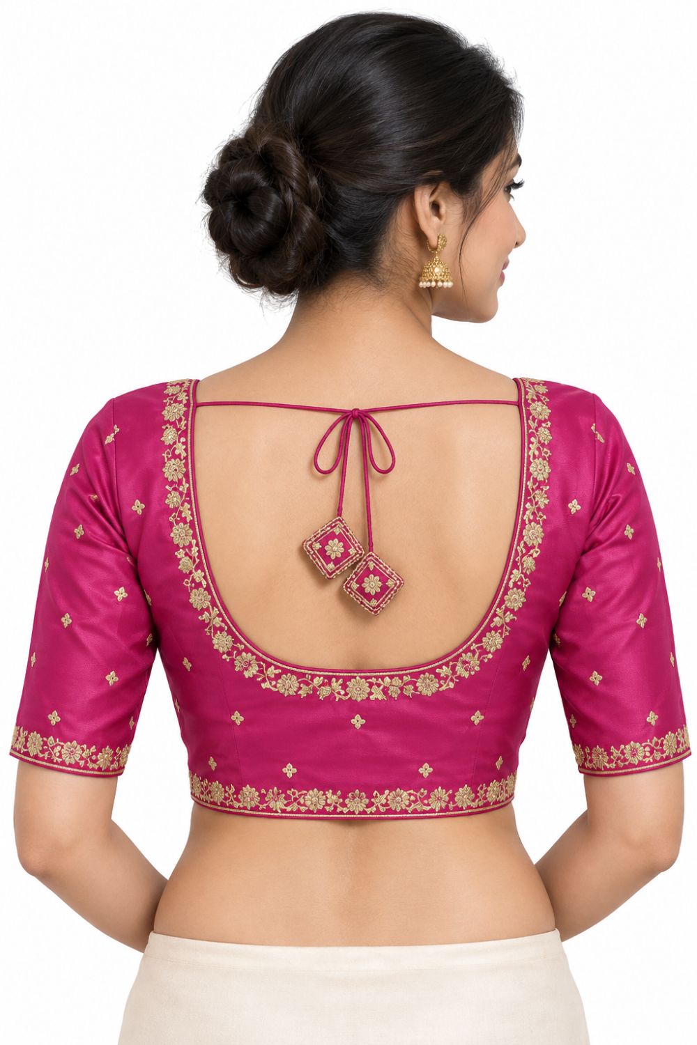 Women's Embroidery Silk Blend Saree Blouse with Round Neck Neckline and Elbow Sleeve - Regular | Ready-to-Wear Saree Blouse for Daily Wear, Festive Wear, Office Wear, Special Occasions - L566