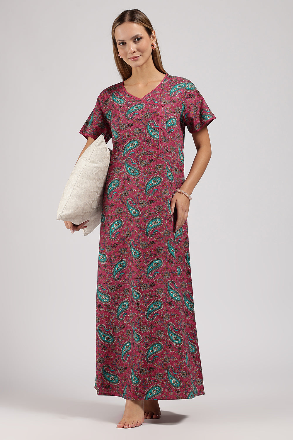 Naidu Hall Printed Cotton Nighty for Women – A-Line Relaxed Fit Sleepwear with V-Neck & Asymmetric Panel | Comfortable Daily Wear Nighty
 - N121