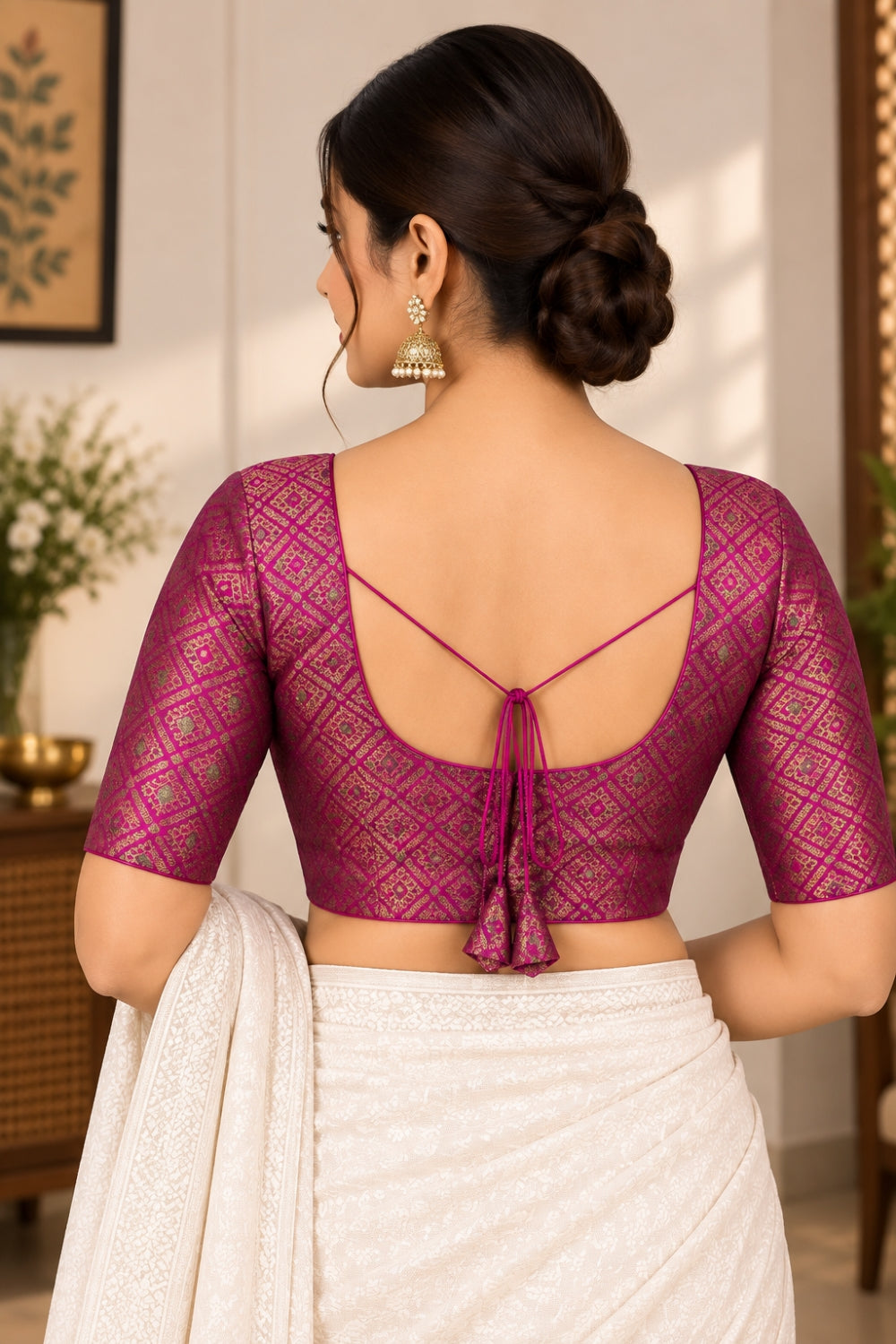 Women's Art Silk Printed Saree Blouse | Round Neck Elbow Sleeve Readymade Blouse | Regular Fit Woven Ethnic Blouse | 4341
