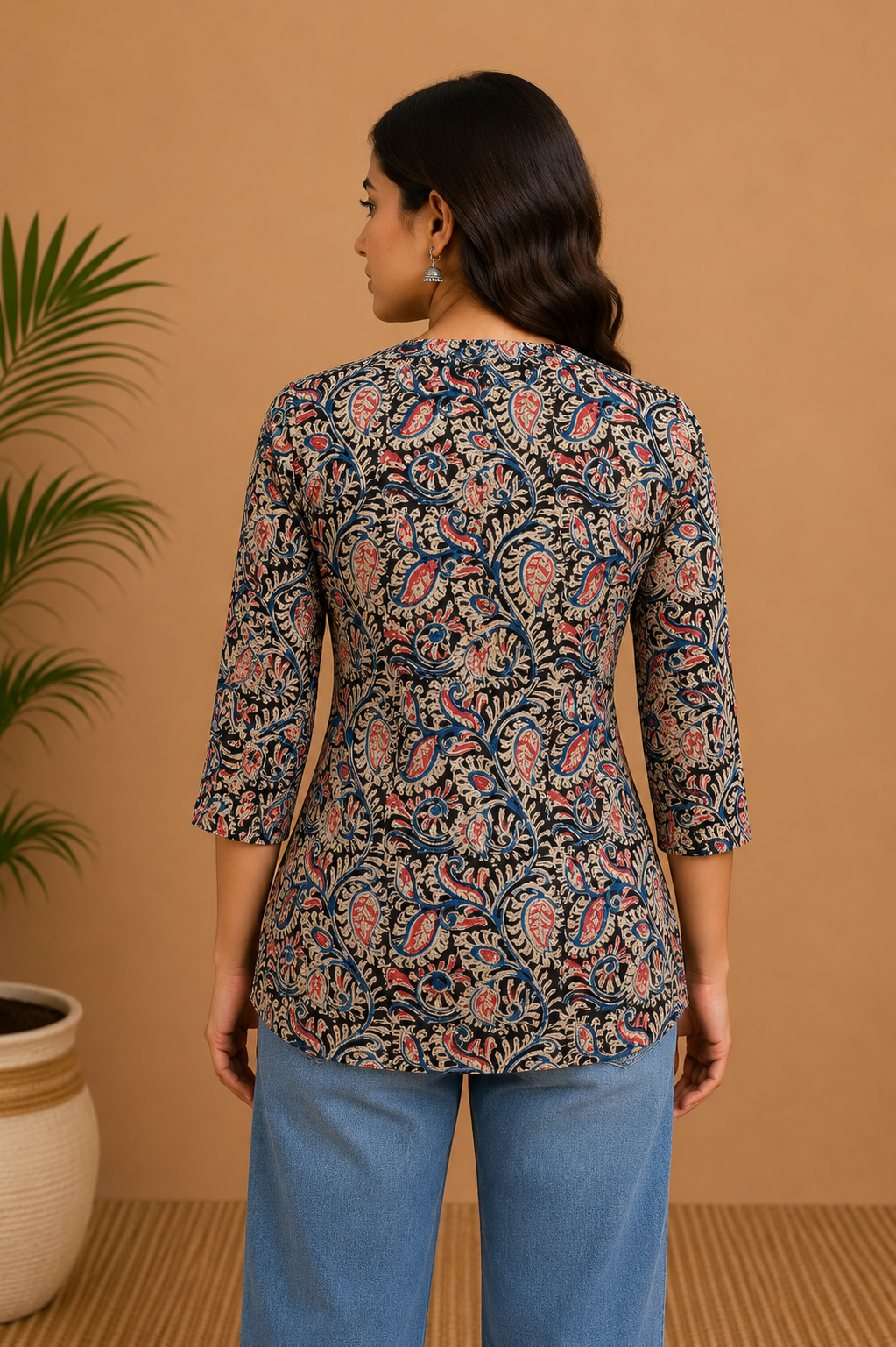 Women's Cotton Blend Printed Mandarin Collar Top | 3/4 Sleeve Casual Top for Women | Regular Fit Everyday Office & Casual Wear - JS25