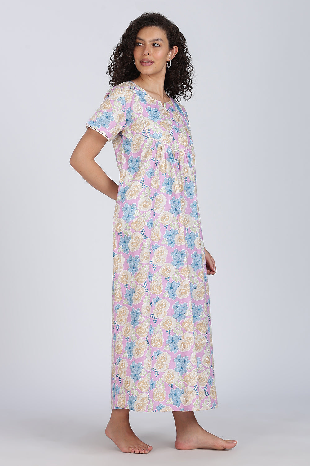 Naidu Hall Printed Cotton Nighty for Women – Full Length Flared A-Line Sleepwear with Lace Yoke & Pocket | Comfortable Daily Wear Nighty
 - N131