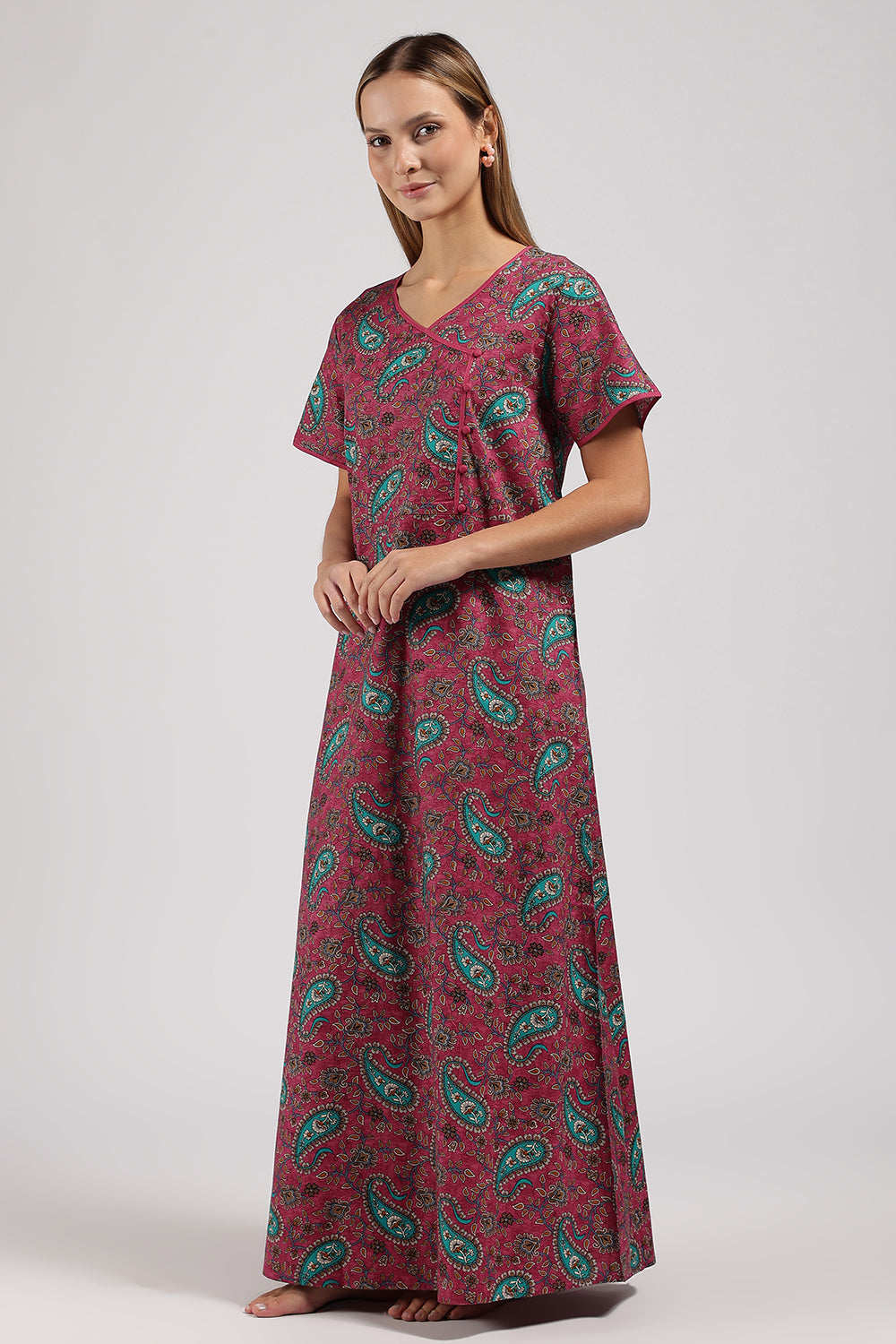 Naidu Hall Printed Cotton Nighty for Women – A-Line Relaxed Fit Sleepwear with V-Neck & Asymmetric Panel | Comfortable Daily Wear Nighty
 - N121