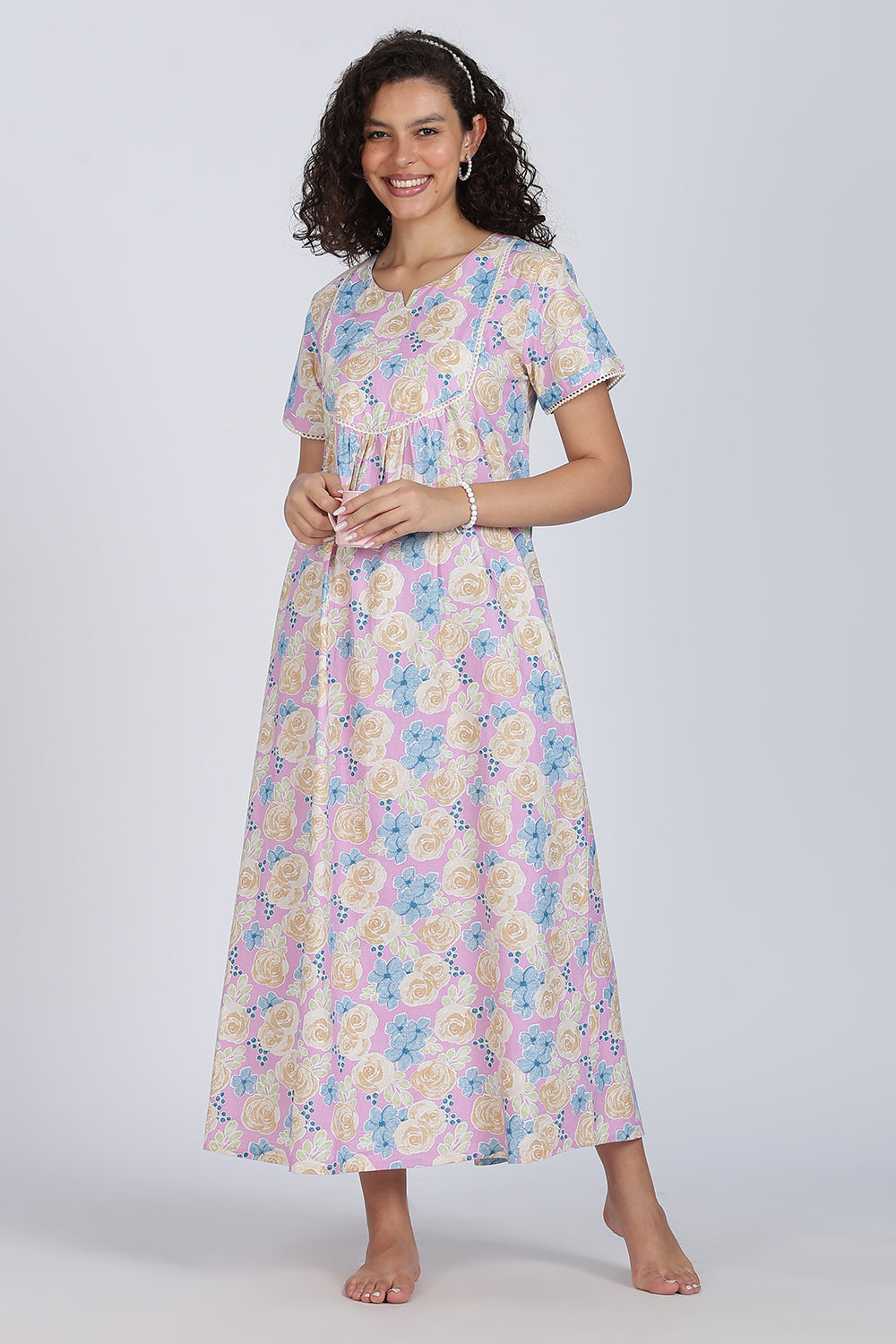 Naidu Hall Printed Cotton Nighty for Women – Full Length Flared A-Line Sleepwear with Lace Yoke & Pocket | Comfortable Daily Wear Nighty
 - N131