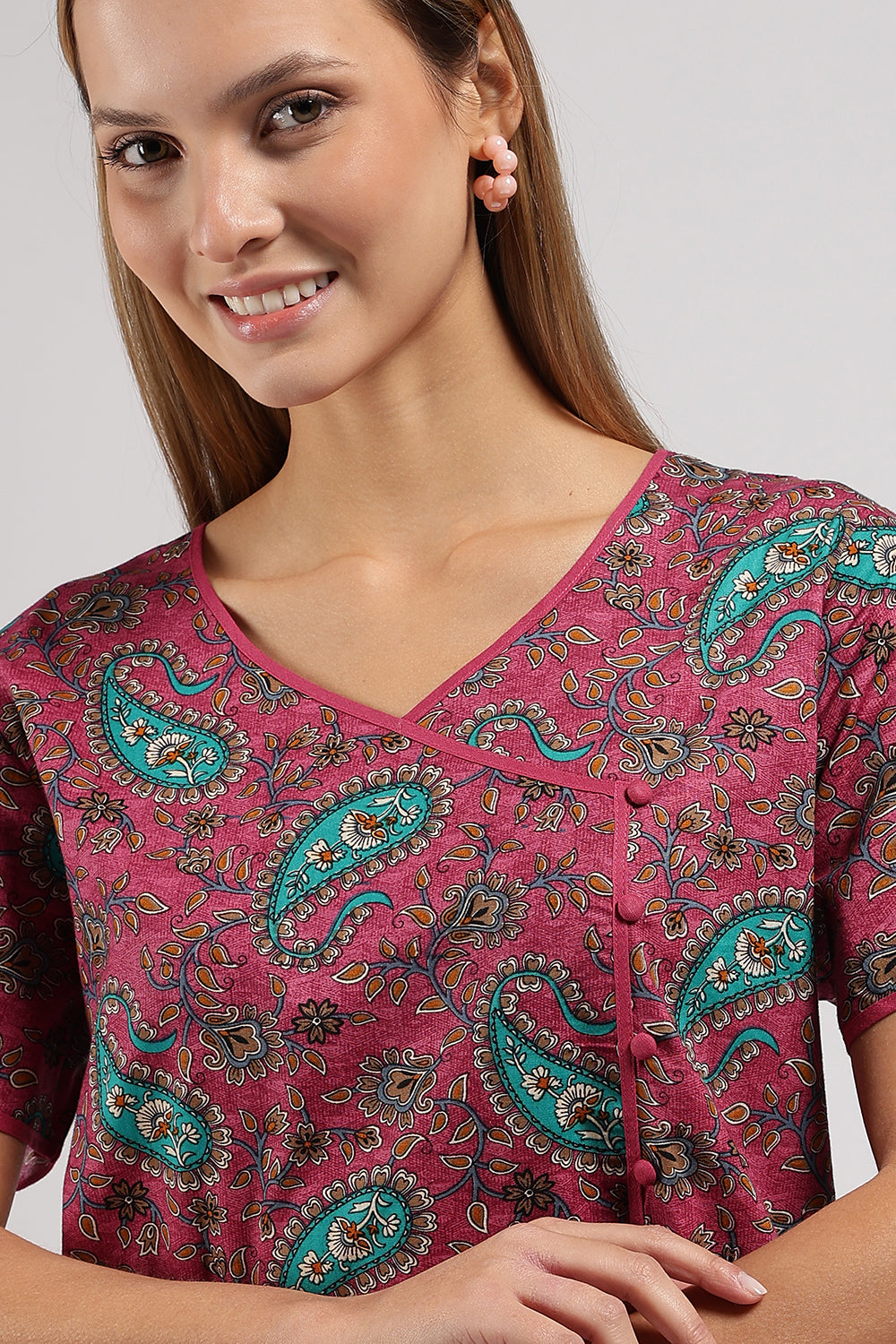 Naidu Hall Printed Cotton Nighty for Women – A-Line Relaxed Fit Sleepwear with V-Neck & Asymmetric Panel | Comfortable Daily Wear Nighty
 - N121