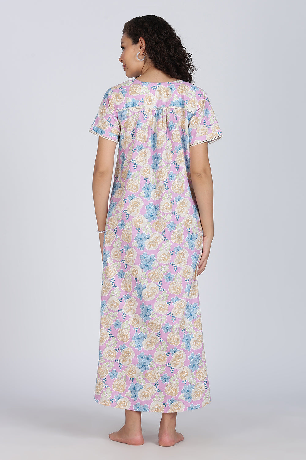 Naidu Hall Printed Cotton Nighty for Women – Full Length Flared A-Line Sleepwear with Lace Yoke & Pocket | Comfortable Daily Wear Nighty
 - N131