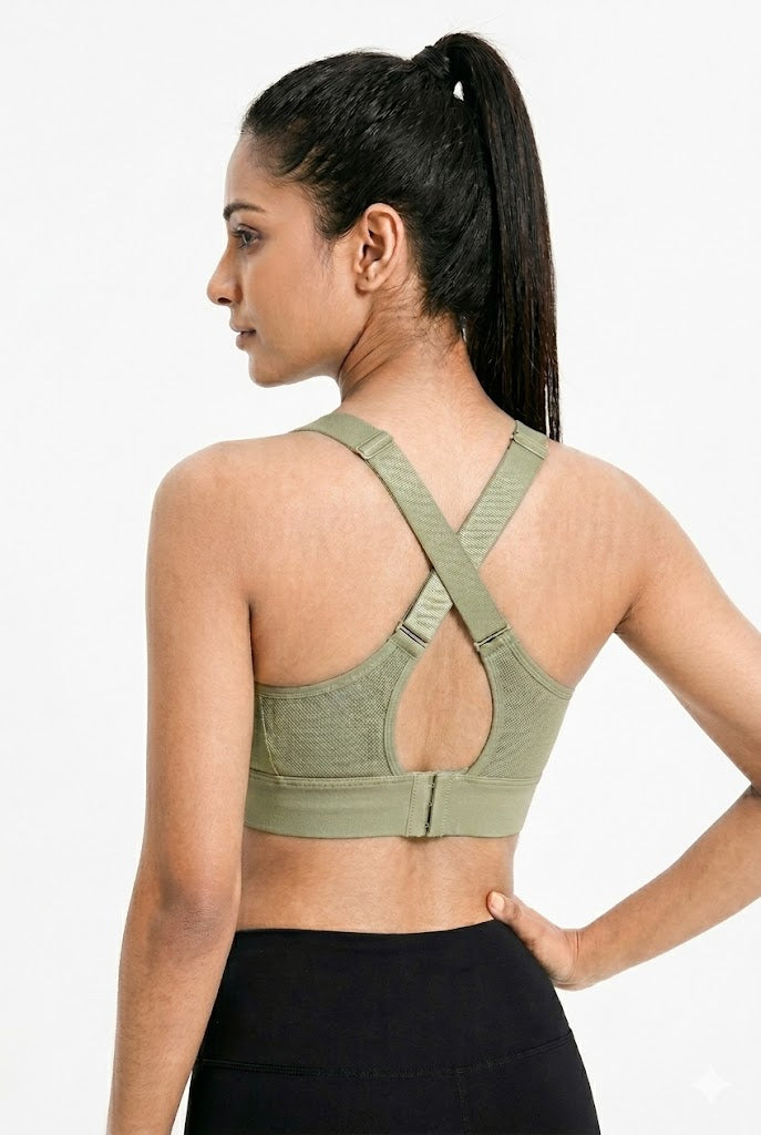 High Support Sports Bra for Women – Front Zip Adjustable Strap Workout Padded Bra with Velcro Straps & Underband | Gym, Running & Training Bra - 0839