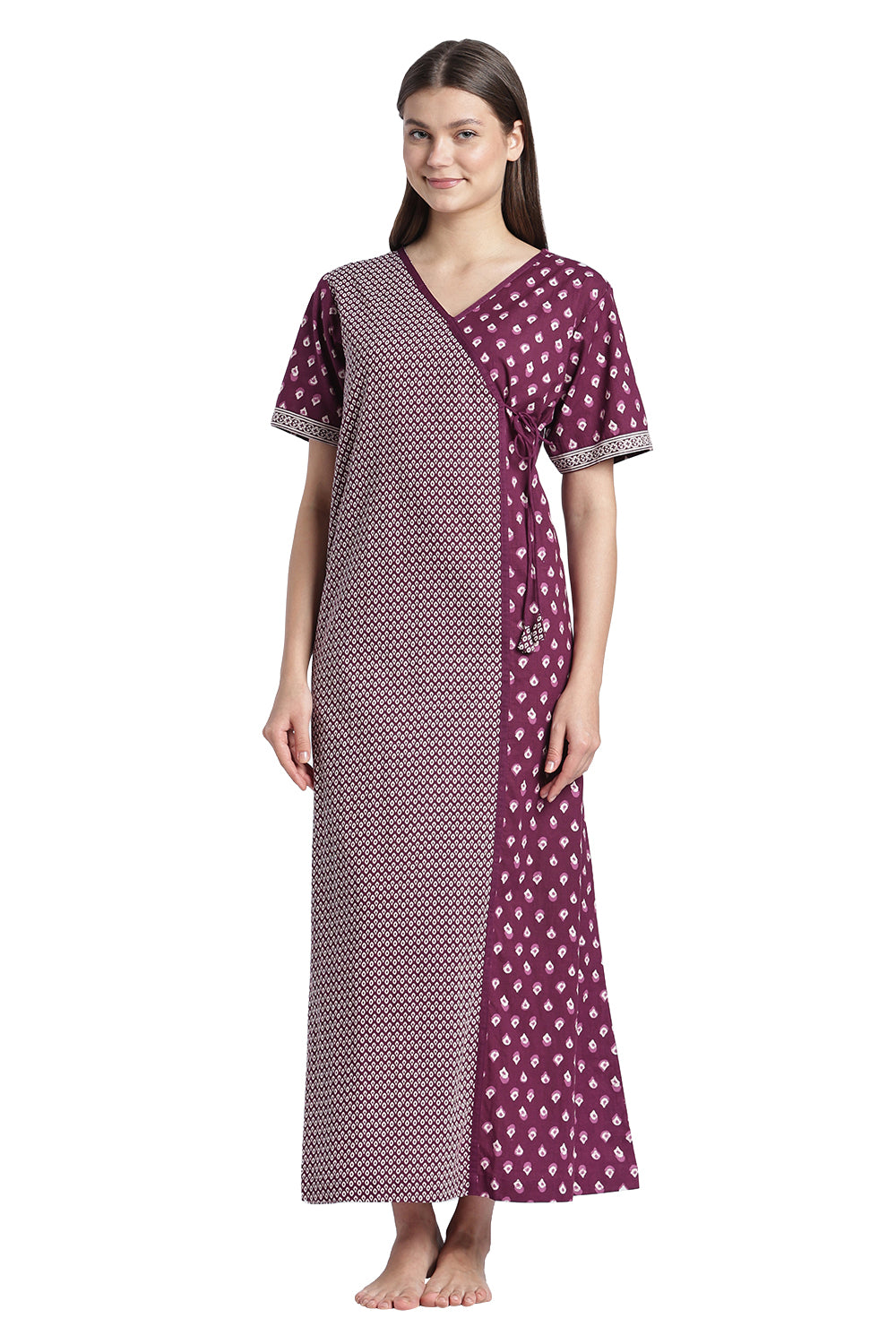 Naidu Hall Women’s Printed Cotton Angarakha Nighty | V-Neck Wrap Style Night Dress with Tie-Up | Short Sleeve Daily Wear, Sleepwear & Loungewear
 - NB51