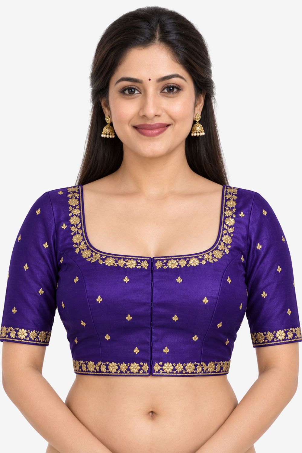 Women's Embroidery Silk Blend Saree Blouse with Round Neck Neckline and Elbow Sleeve - Regular | Ready-to-Wear Saree Blouse for Daily Wear, Festive Wear, Office Wear, Special Occasions - L566