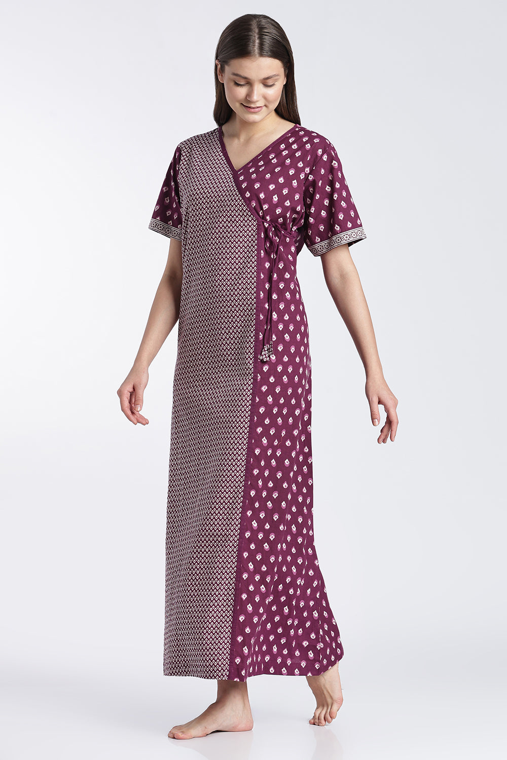 Naidu Hall Women’s Printed Cotton Angarakha Nighty | V-Neck Wrap Style Night Dress with Tie-Up | Short Sleeve Daily Wear, Sleepwear & Loungewear
 - NB51