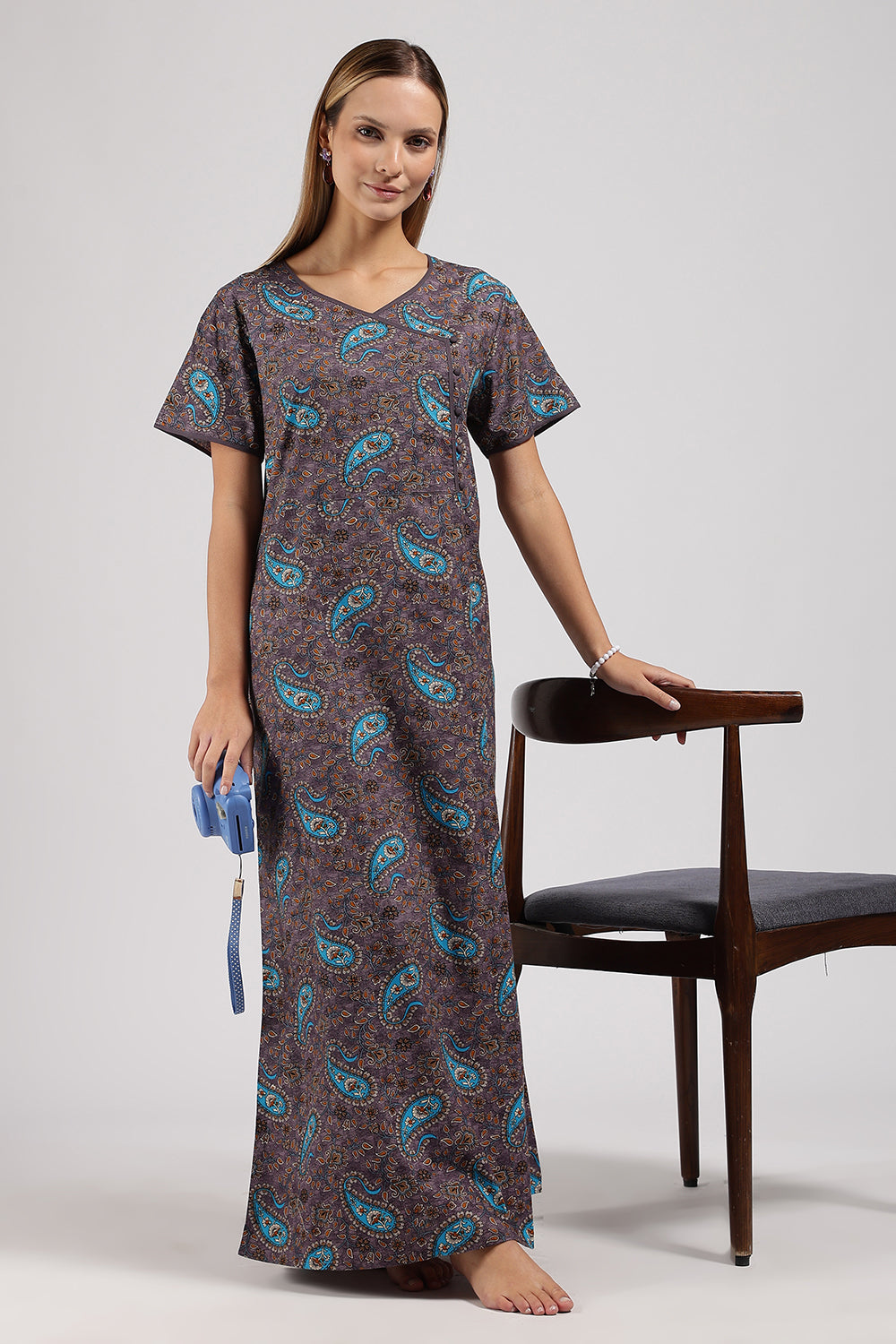 Naidu Hall Printed Cotton Nighty for Women – A-Line Relaxed Fit Sleepwear with V-Neck & Asymmetric Panel | Comfortable Daily Wear Nighty
 - N121