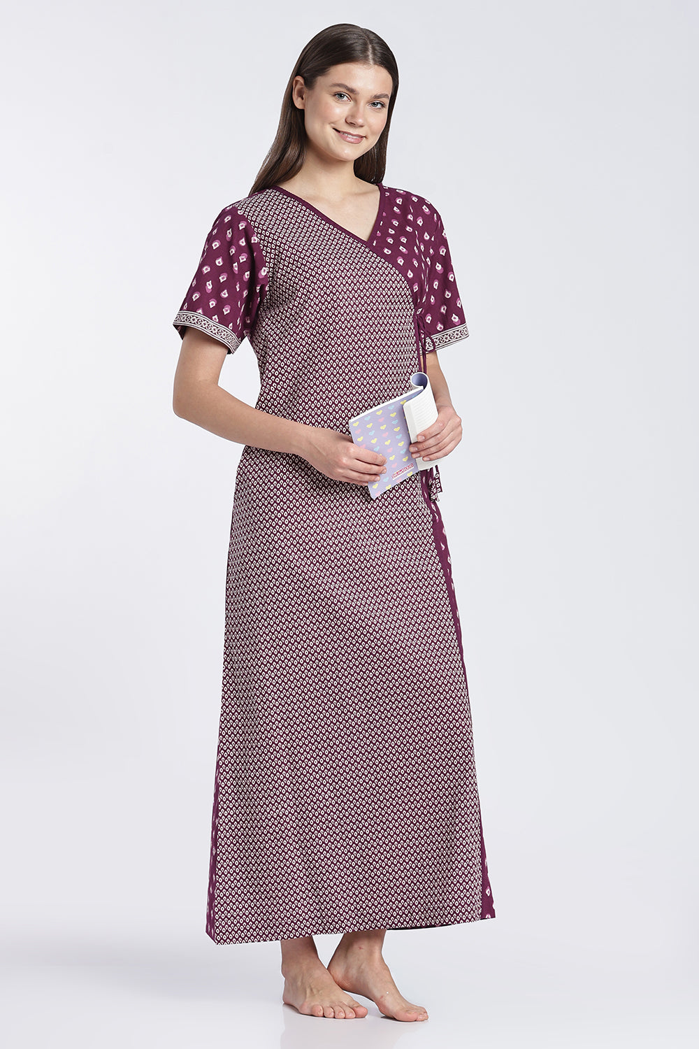 Naidu Hall Women’s Printed Cotton Angarakha Nighty | V-Neck Wrap Style Night Dress with Tie-Up | Short Sleeve Daily Wear, Sleepwear & Loungewear
 - NB51