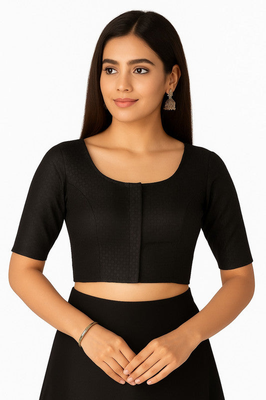 Women’s Blouse Cotton Blend Padded Front Open Round Neck Princess Cut Elbow Sleeve Printed Saree Blouse - Black - R113