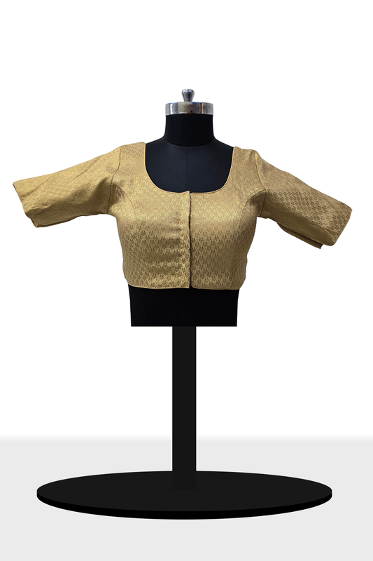 Women’s Blouse Cotton Blend Padded Front Open Round Neck Princess Cut Elbow Sleeve Printed Saree Blouse - Gold - R113