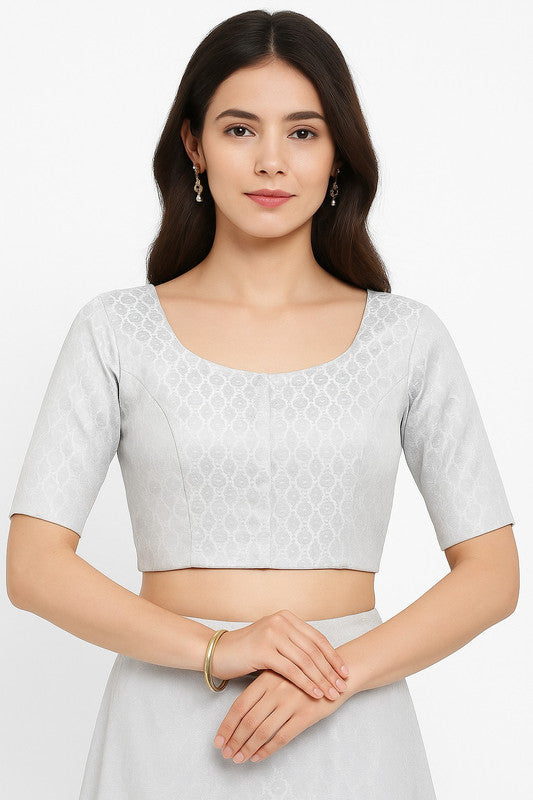 Women’s Blouse Cotton Blend Padded Front Open Round Neck Princess Cut Elbow Sleeve Printed Saree Blouse - Silver - R113