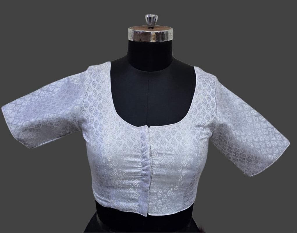 Women’s Blouse Cotton Blend Padded Front Open Round Neck Princess Cut Elbow Sleeve Printed Saree Blouse - Silver - R113