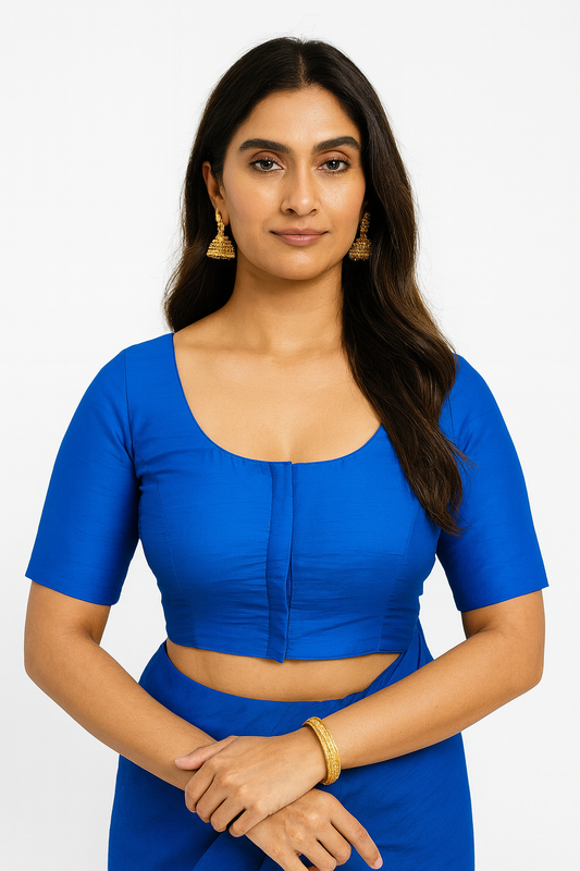 Women’s Blouse Raw Silk Padded Front Open Round Neck Princess Cut Elbow Sleeve Saree Blouse with Round Back - Ananda Blue - R124