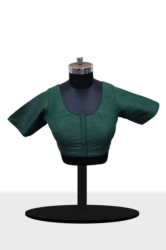 Women’s Blouse Raw Silk Padded Front Open Round Neck Princess Cut Elbow Sleeve Saree Blouse with Round Back - Bottle Green - R124