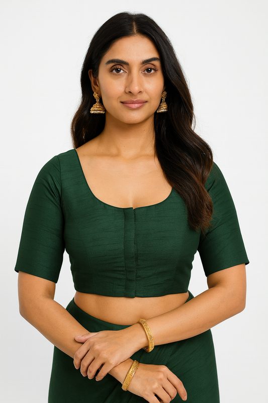 Women’s Blouse Raw Silk Padded Front Open Round Neck Princess Cut Elbow Sleeve Saree Blouse with Round Back - Bottle Green - R124