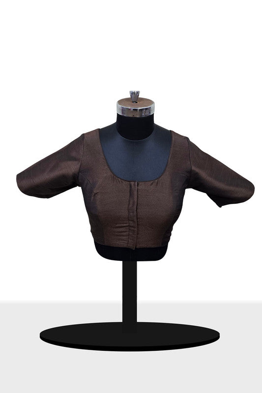Women’s Blouse Raw Silk Padded Front Open Round Neck Princess Cut Elbow Sleeve Saree Blouse with Round Back - Brown - R124