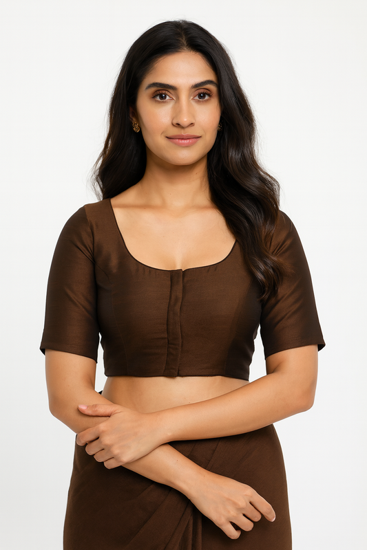 Women’s Blouse Raw Silk Padded Front Open Round Neck Princess Cut Elbow Sleeve Saree Blouse with Round Back - Brown - R124