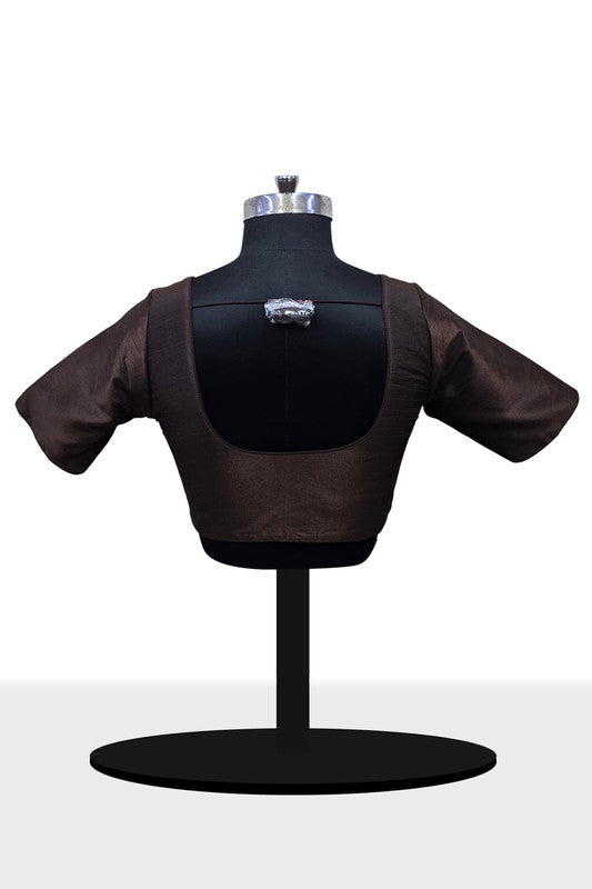 Women’s Blouse Raw Silk Padded Front Open Round Neck Princess Cut Elbow Sleeve Saree Blouse with Round Back - Brown - R124