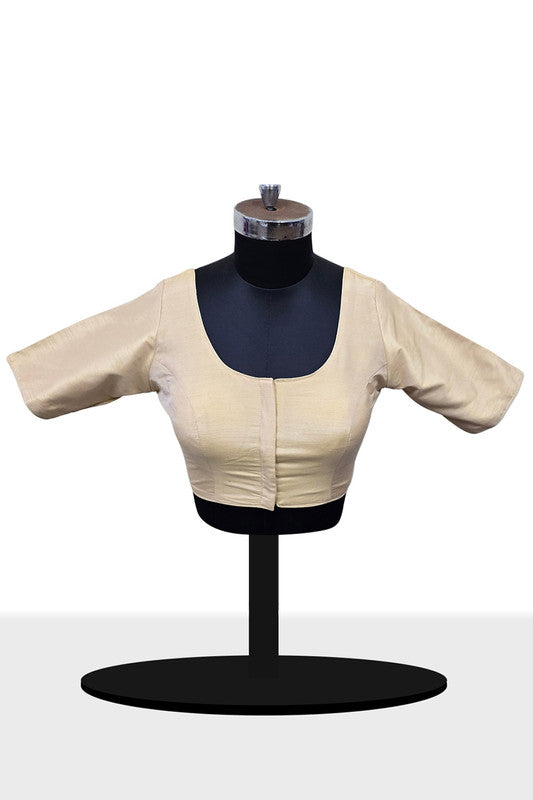 Women’s Blouse Raw Silk Padded Front Open Round Neck Princess Cut Elbow Sleeve Saree Blouse with Round Back - Beige - R124
