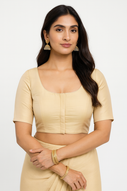 Women’s Blouse Raw Silk Padded Front Open Round Neck Princess Cut Elbow Sleeve Saree Blouse with Round Back - Beige - R124
