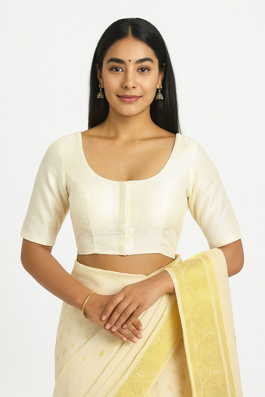 Women’s Blouse Raw Silk Padded Front Open Round Neck Princess Cut Elbow Sleeve Saree Blouse with Round Back - Cream - R124
