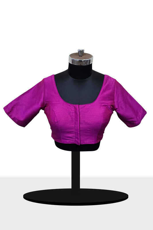 Women’s Blouse Raw Silk Padded Front Open Round Neck Princess Cut Elbow Sleeve Saree Blouse with Round Back - Dark Pink - R124