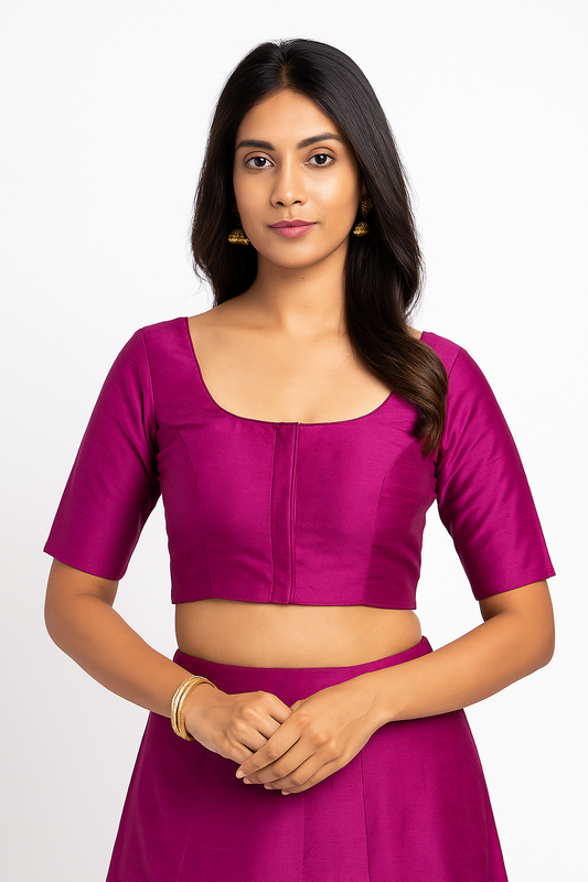 Women’s Blouse Raw Silk Padded Front Open Round Neck Princess Cut Elbow Sleeve Saree Blouse with Round Back - Dark Pink - R124