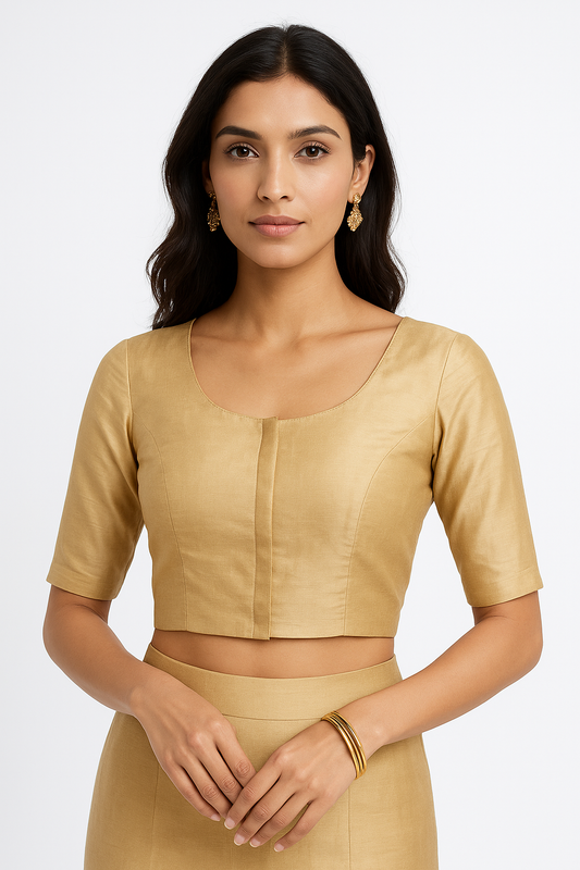 Women’s Blouse Raw Silk Padded Front Open Round Neck Princess Cut Elbow Sleeve Saree Blouse with Round Back - Gold - R124