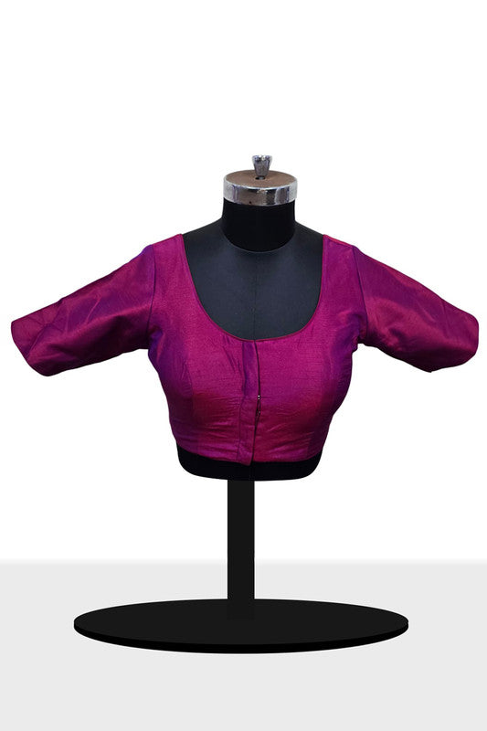 Women’s Blouse Raw Silk Padded Front Open Round Neck Princess Cut Elbow Sleeve Saree Blouse with Round Back - Magenta - R124