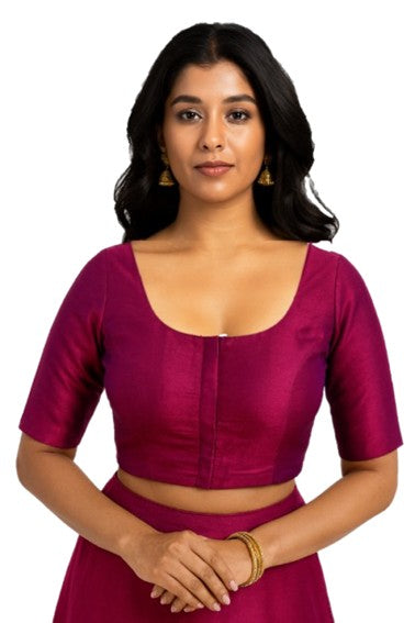 Women’s Blouse Raw Silk Padded Front Open Round Neck Princess Cut Elbow Sleeve Saree Blouse with Round Back - Magenta - R124