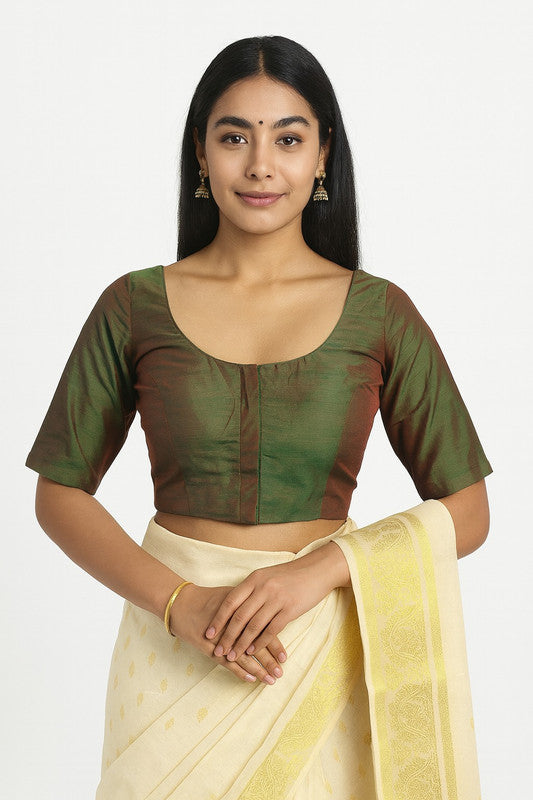 Women’s Blouse Raw Silk Padded Front Open Round Neck Princess Cut Elbow Sleeve Saree Blouse with Round Back - Mehandi Maroon - R124