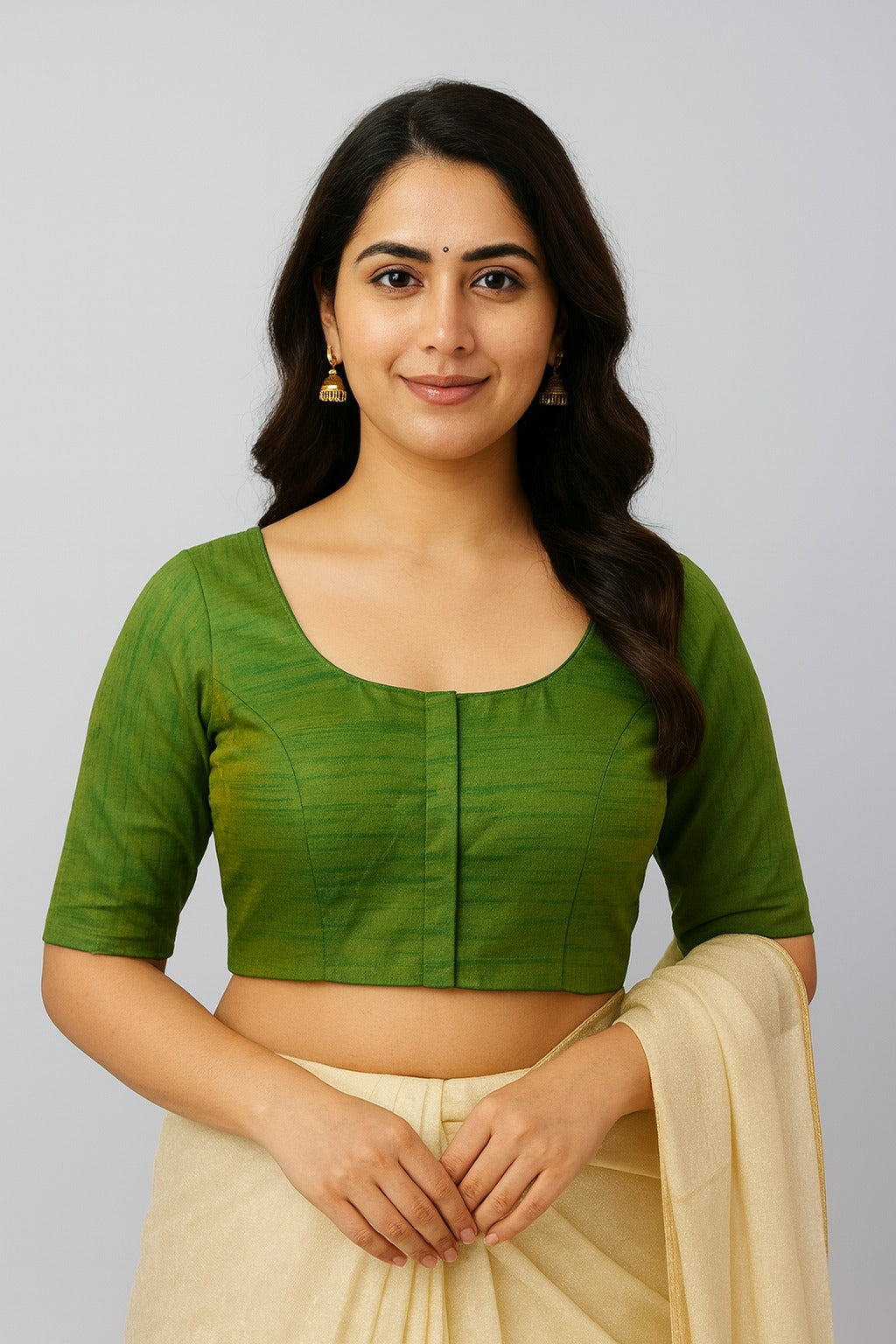 Women’s Blouse Raw Silk Padded Front Open Round Neck Princess Cut Elbow Sleeve Saree Blouse with Round Back - Green - R124