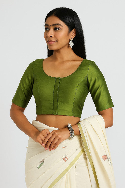 Women’s Blouse Raw Silk Padded Front Open Round Neck Princess Cut Elbow Sleeve Saree Blouse with Round Back - Mehandi - R124