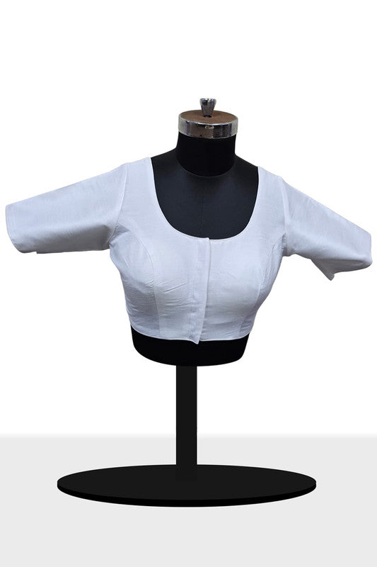 Women’s Blouse Raw Silk Padded Front Open Round Neck Princess Cut Elbow Sleeve Saree Blouse with Round Back - Off White - R124
