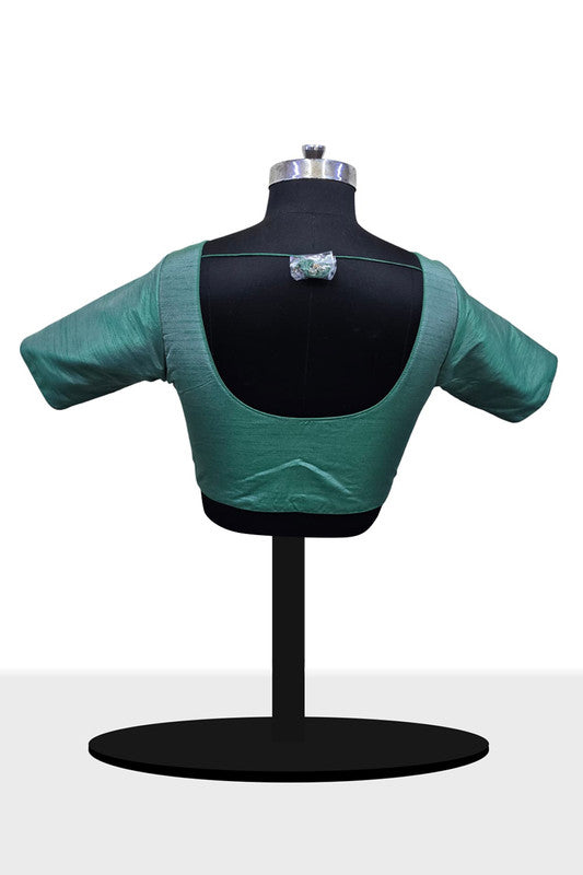 Women’s Blouse Raw Silk Padded Front Open Round Neck Princess Cut Elbow Sleeve Saree Blouse with Round Back - Pista - R124