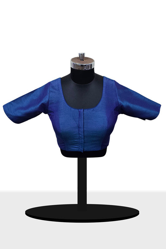 Women’s Blouse Raw Silk Padded Front Open Round Neck Princess Cut Elbow Sleeve Saree Blouse with Round Back - Rama Blue - R124
