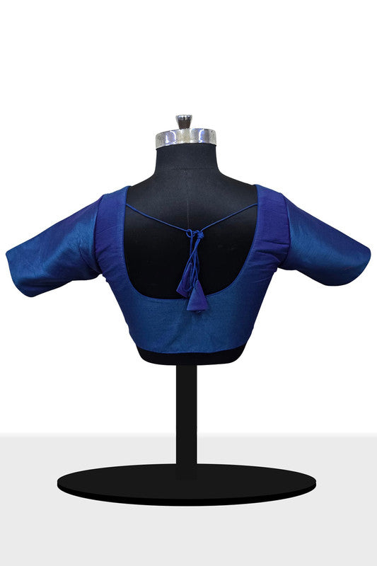 Women’s Blouse Raw Silk Padded Front Open Round Neck Princess Cut Elbow Sleeve Saree Blouse with Round Back - Rama Blue - R124