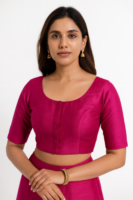 Women’s Blouse Raw Silk Padded Front Open Round Neck Princess Cut Elbow Sleeve Saree Blouse with Round Back - Rani - R124