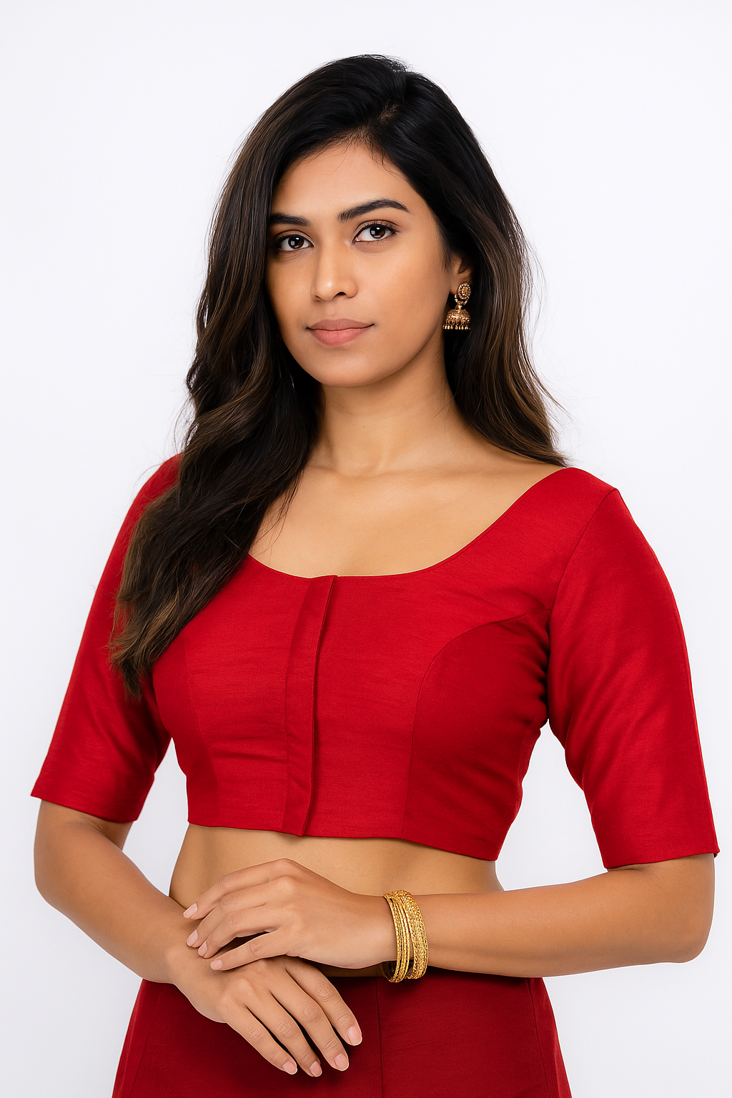 Women’s Blouse Raw Silk Padded Front Open Round Neck Princess Cut Elbow Sleeve Saree Blouse with Round Back - Beige - R124