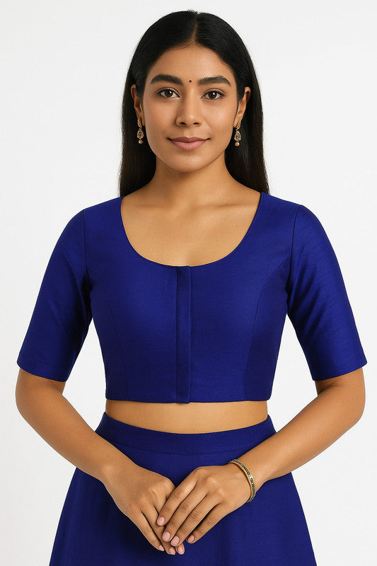 Women’s Blouse Raw Silk Padded Front Open Round Neck Princess Cut Elbow Sleeve Saree Blouse with Round Back - Royal Blue - R124