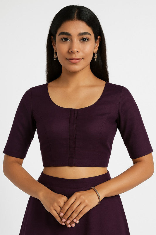 Women’s Blouse Raw Silk Padded Front Open Round Neck Princess Cut Elbow Sleeve Saree Blouse with Round Back - Wine - R124